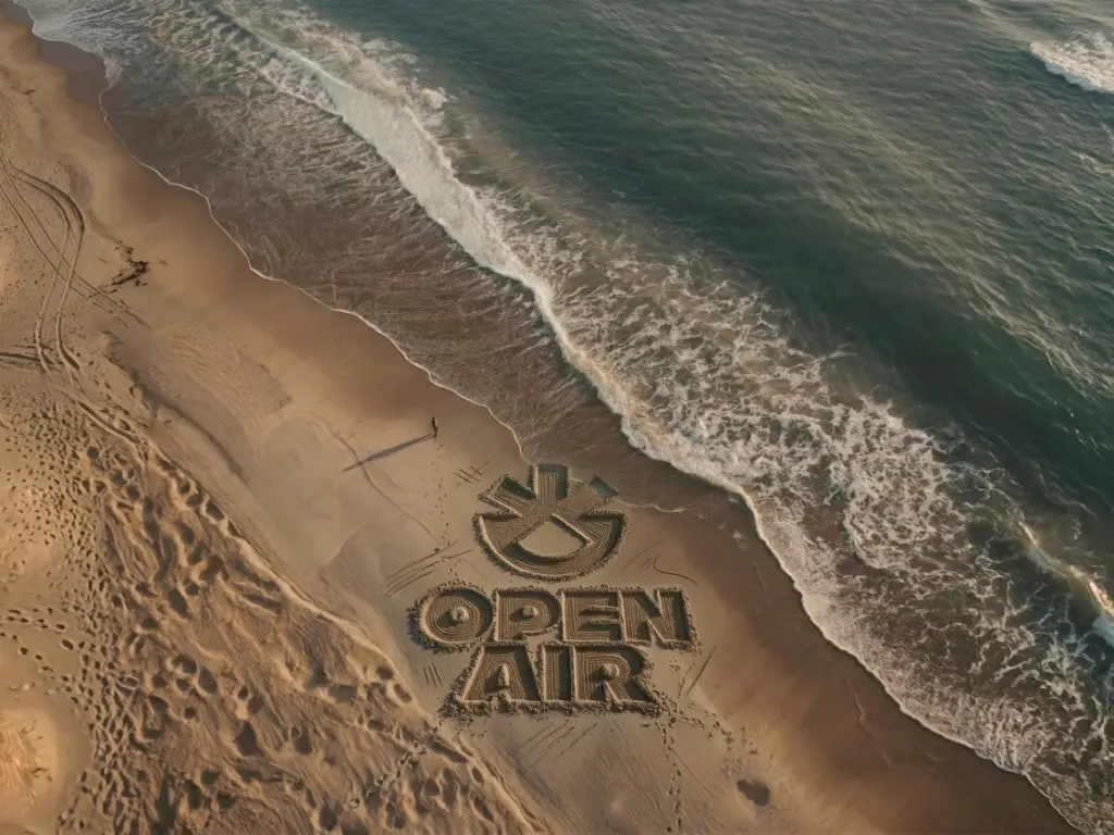 OpenAir logo sculpted in beach sand by the ocean